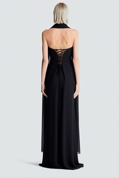 Siyah Işıltı Detaylı Abiye Elbise